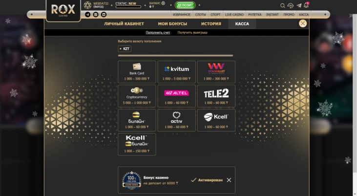 Пополнения и вывод денег в Rox Casino